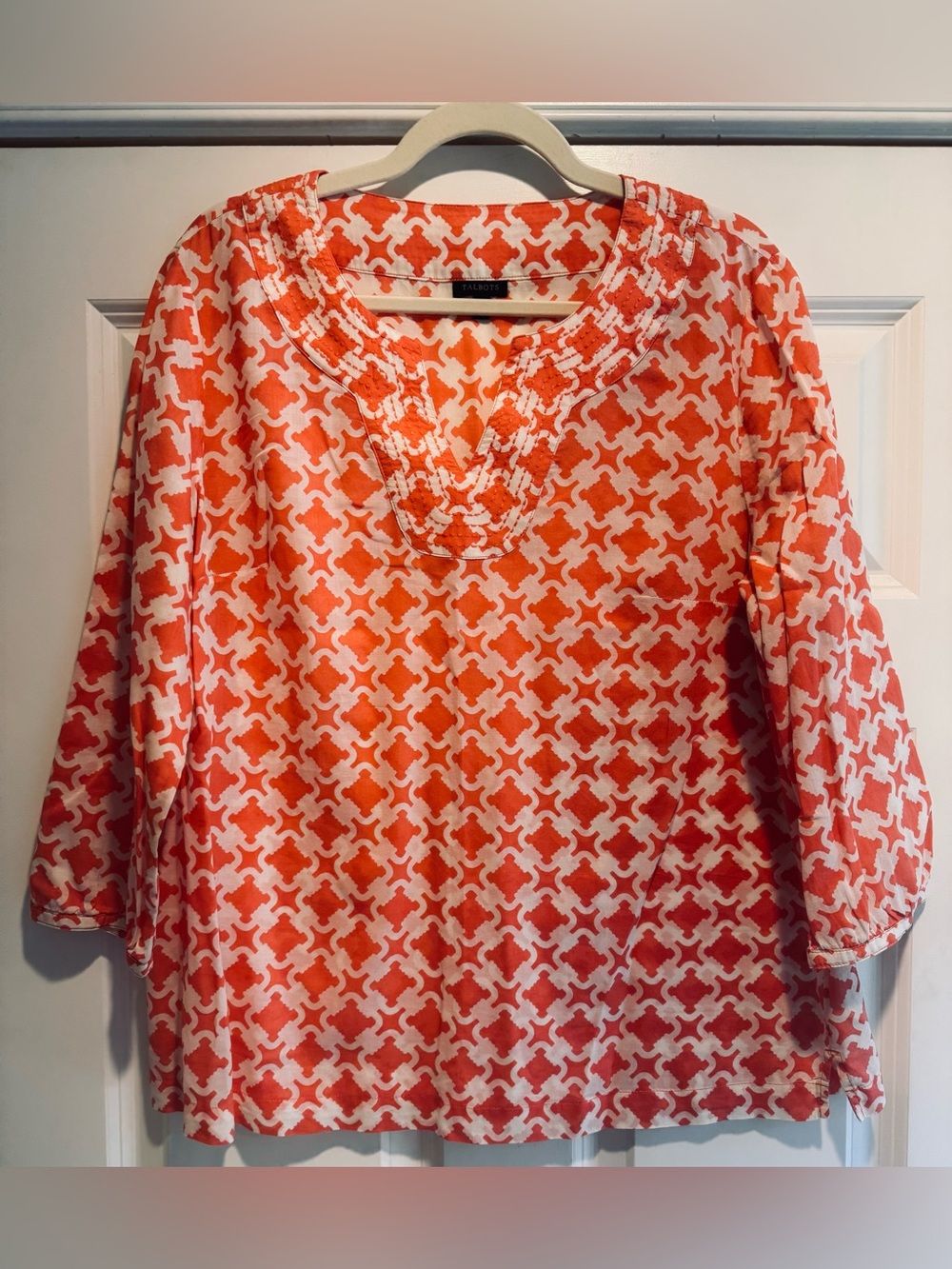 Talbots Coral and White Geometric Split-Neck Tunic